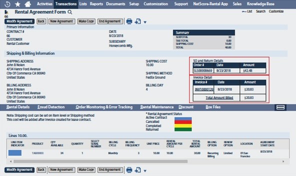 NetSuite Rental Management Screen